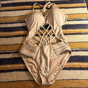 Kenneth Cole One-Piece Monokini Swimsuit Medium Tan Strappy Cut-Out Halter Neck